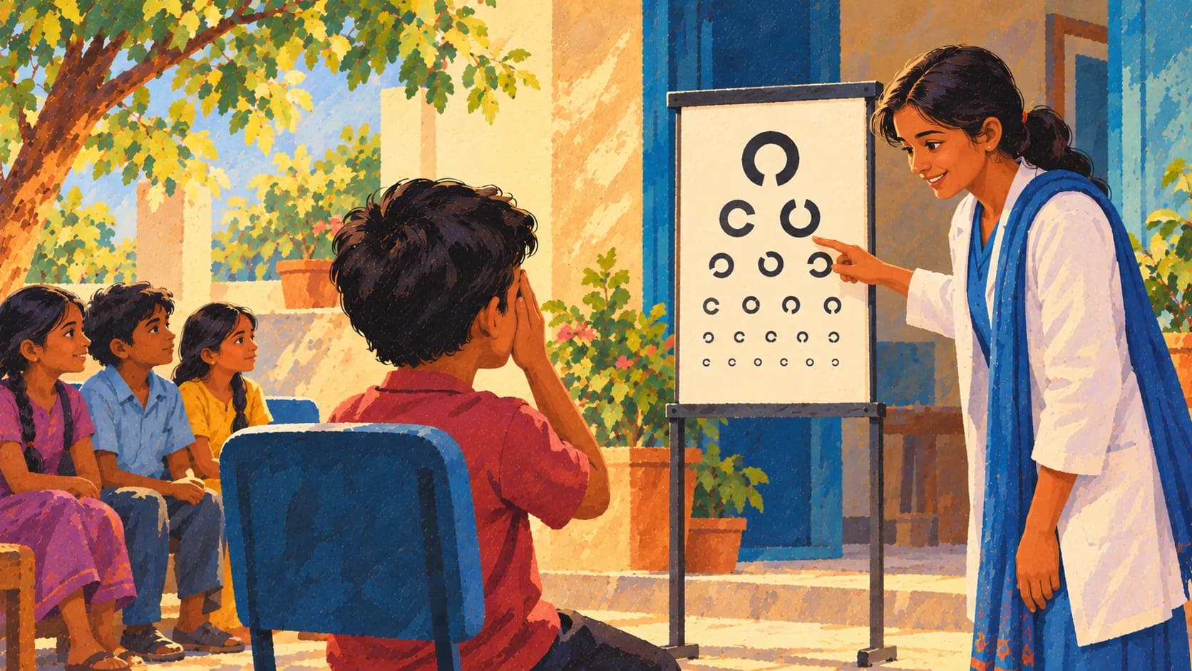 Illustration: a boy covers one eye while an eye-care worker points to a symbol chart, as other children wait their turn