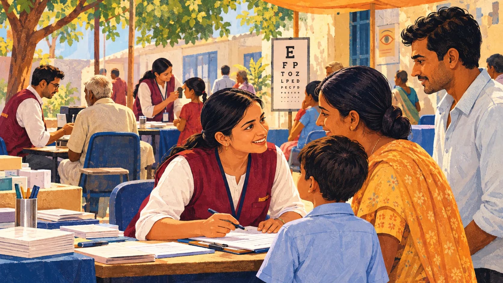 Volunteers at a camp help desk, guiding a family