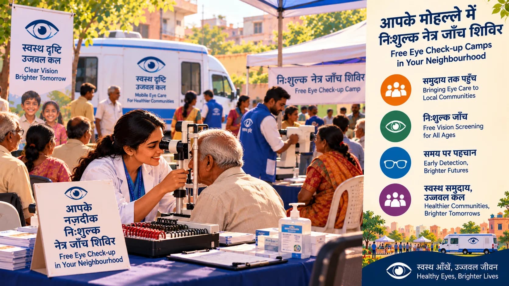Wide view of a free eye check-up camp in progress